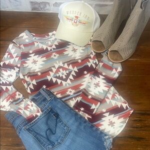 No Boundaries Red Cream Graphic Long Sleeve Blouse